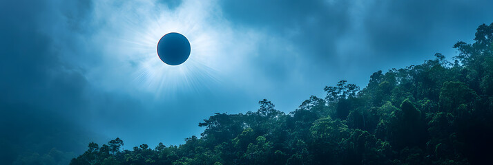 A Rare Hybrid Solar Eclipse Over an Untouched Rainforest wide banner - blue background