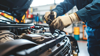 A mechanic working on a car engine with the hood open wearing gloves in an auto repair shop area