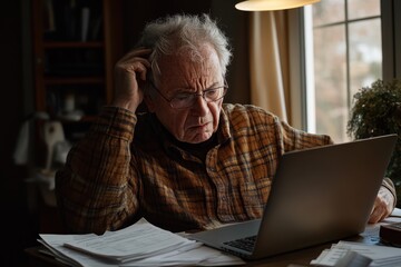 Frustrated senior man struggles with laptop in dimly lit workspace surrounded by paperwork, Frustrated senior man working on a laptop computer and looking at paperwork Shot on RED Epic
