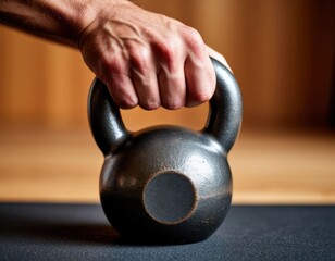 Fototapeta premium Hand gripping a kettlebell with focus on strength and detail.
