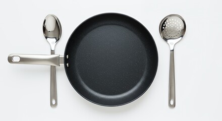 Overhead View Nonstick Frying Pan with Stainless Steel Cooking and Slotted Spoons Isolated on White Background
