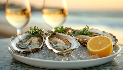 Fresh oysters on ice with lemon