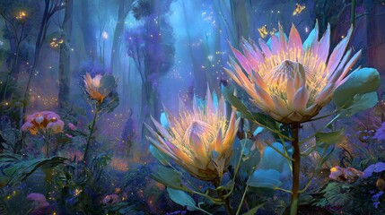 Enchanted Forest with Colorful Flowers and Magical Glow in a Mystical Landscape Full of Light and Nature's Beauty