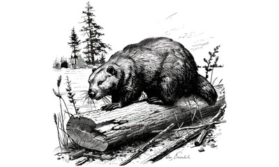 Retro Beaver Sketch on Log, Antique Wildlife Etching, Hand-drawn Forest Illustration, Vintage Nature Ink Art, Monochrome Animal Print, classic woodland scene © Vintage studio
