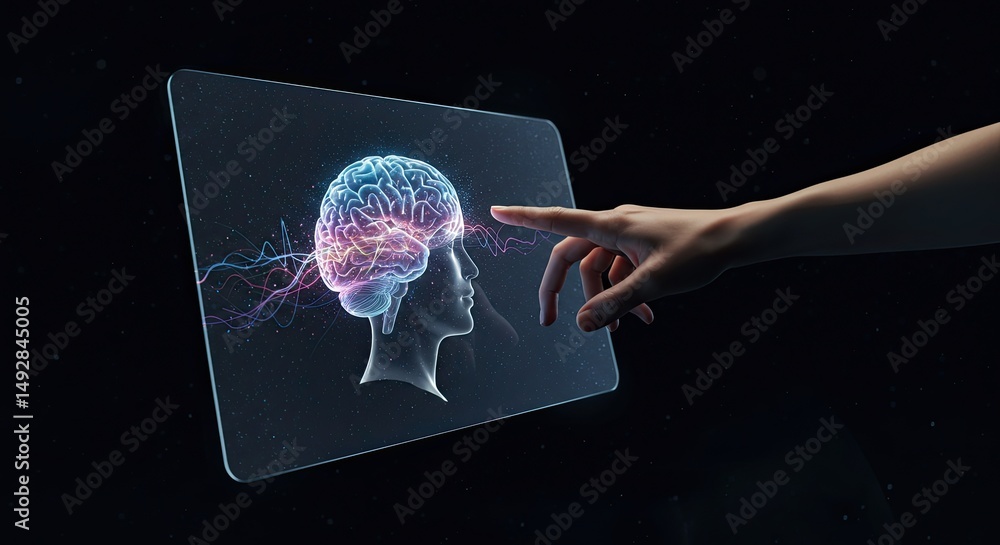 Poster Digital representation of a brain with a hand touching the screen in dark space.