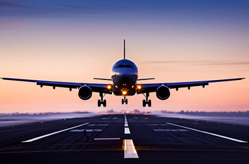 Obraz premium Airplane Landing on Runway at Sunset, Dramatic Sky