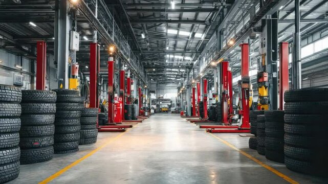Mechanic Workshop Interior: A modern mechanic workshop showcasing rows of vehicles undergoing service, surrounded by tools and equipment. A symbol of industry and efficiency.