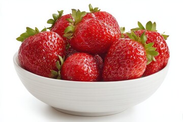 A bowl of ripe, red strawberries, glistening and juicy, sits on a white background.  A perfect summer treat!