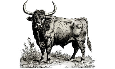 Vintage Bull in Field, Detailed Animal Engraving, Monochrome Wildlife Line Art, Rustic Farm Illustration, Old Style Drawing, Classic Fauna Sketch, Antique Nature Artwork