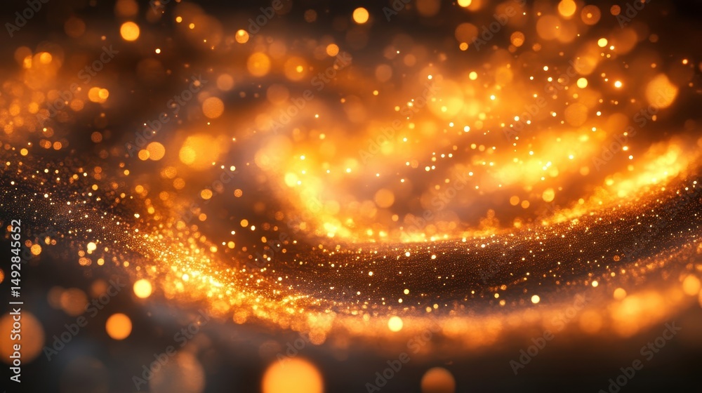 Poster swirling galaxy of golden bokeh lights and sparkling particles on dark background. use it to add a m