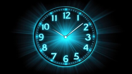 Glowing cyan clock face with radiant rays on black background