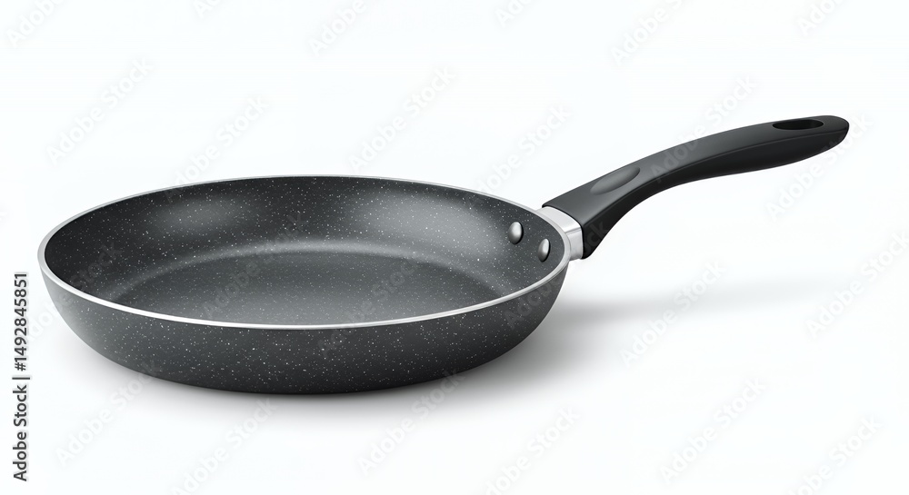 Poster realistic speckled frying pan with black handle angled view isolated on a white background