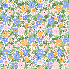 Vector romantic liberty floral seamless pattern. Flowers field floral pattern in soft and natural colors blue, pink, yellow. Beautiful digital textile seamless floral, white background. Stock print