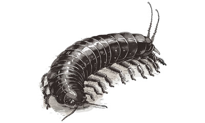 Antique centipede engraving, vintage hand-drawn insect sketch, monochrome wildlife illustration, retro etching style art, old black drawing, natural history print, biology poster