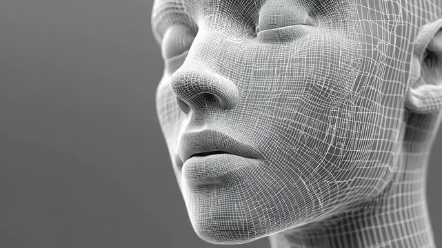 Detailed close-up of a wireframe human head model showcasing facial features