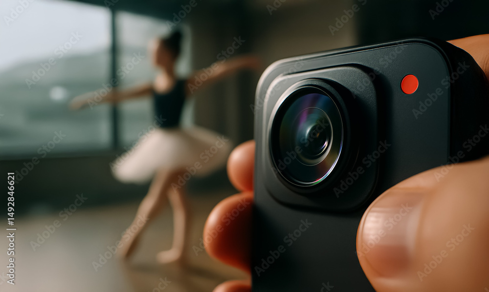 Poster close-up of a hand holding an action camera recording a ballerina twirling in a studio, emphasizing 