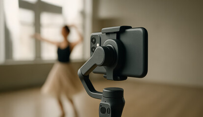 Smartphone on a gimbal capturing a ballerina spinning in front of large windows, emphasizing dynamic motion and natural lighting in a modern studio.
