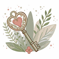 Antique Heart-Shaped Key in Floral Setting Illustrates Romance and Enchantment with Leafy Greens and Delicate Petals Encapsulating Love's Timeless Secrets