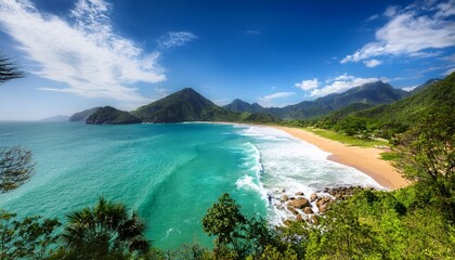 Fototapeta premium tropical beach paradise scenic ocean waves lush greenery vibrant coastline and idyllic mountains for a relaxing summer adventure in nature s serene wilderness