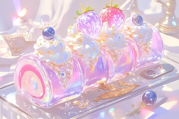 Fototapeta premium Transparent,cake design,strawberry Swiss roll,blueberry toppings,whipped cream,fluffy sponge texture,spiral pattern,sliced roll view,creamy filling,glossy strawberries,plump blueberries,dessert photog