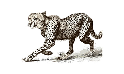 Vintage Cheetah Running Engraving, Monochrome Wild Cat Etching, Rustic Animal Drawing, Retro Nature Illustration, Detailed Wildlife Sketch