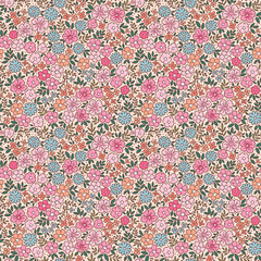 Seamless floral pattern, liberty ditsy print with cute summer meadow flowers. Pretty botanical design for textile, paper. Small hand drawn flowers, tiny leaves on a pink background. Stock vector  © ann_and_pen