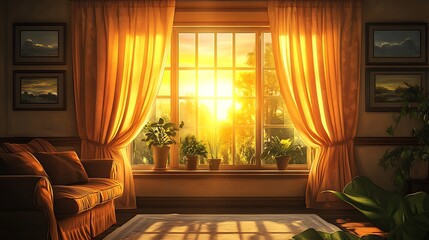 Fototapeta premium Golden light streaming through interior window