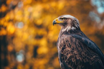 Fototapeta premium Majestic eagle perched against a backdrop of vibrant autumn foliage in a tranquil forest setting, Closeup of majestic eagle against blurred autumnal background