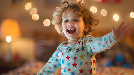 A joyful child with curly hair and star pajamas jumping in a room with string lights bokeh effect
