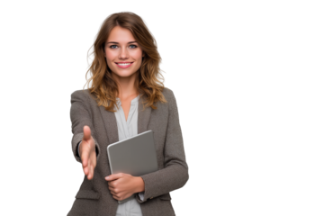 Smiling businesswoman with tablet offering handshake PNG with a transparent background

