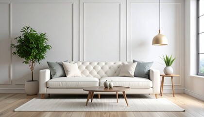 Fototapeta premium modern living room with a white tufted sofa and minimal decor in a cozy well lit space featuring a green plant