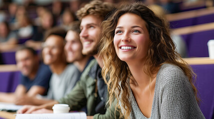 Obraz premium University lecture hall with modern purple seats, diverse group of college students engaged and smiling, listening to a lecturer in a vest,