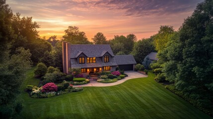 Luxurious house nestled in a lush green landscape at sunset.