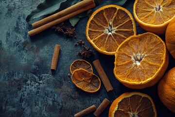 Dried orange slices, cinnamon sticks, star anise, and cloves arranged on a dark textured surface, creating a warm, spiced citrus scene