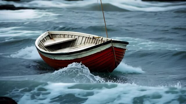 small rowboat adrift on choppy ocean waves during stormy weather, nautical vessel,  daylight