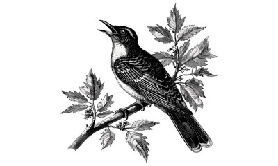 Antique Cuckoo Bird Engraving in Tree, Vintage Ornithology Sketch, Retro Monochrome Forest Etching, Wildlife Drawing, Old Hand-drawn Nature Illustration