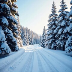 Snow-laden pines frame a winding, snow-covered road , snowy road, rural