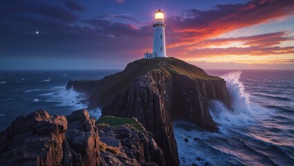 Lighthouse on a dramatic cliffside at sunset. Waves crash against the rocks as the sun sets, painting the sky in vibrant colors. A beacon of hope in the vast ocean.