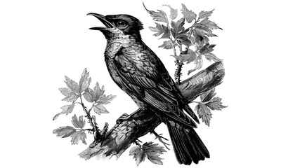 Vintage Antique Engraving, Cuckoo Bird in Tree, Monochrome Wildlife Drawing, Hand-drawn Nature Illustration, Retro Forest Etching, Black Sketch Art
