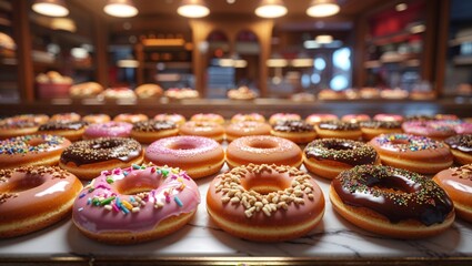 A delightful display of assorted donuts, showcasing a variety of toppings and colors. Sweet treats in a bakery setting.