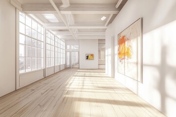 Sunlit minimalist gallery with high ceilings, large windows, light wood floors, and abstract artwork on white walls