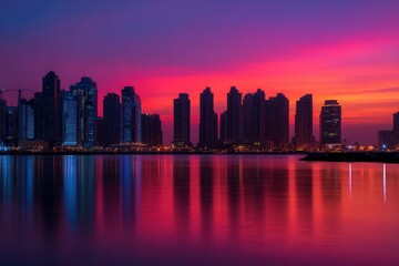 Fototapeta premium Skyline at Dusk in Dubai United Arab Emirates Reflecting in Water Low Angle Shot Cityscape View