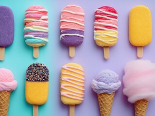Colorful assortment of textured ice cream treats with playful designs including popsicles and cones creating a delightful dessert setting that appeals to sweet lovers seeking vibrant summer