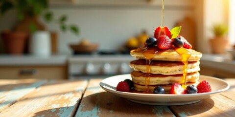 Sweet Pancake Stack with Berry Topping and Drizzling Syrup on Rustic Table