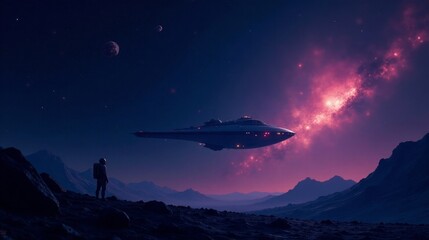 A lone astronaut observes a futuristic spaceship hovering over an alien landscape under a vibrant nebula