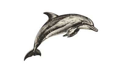 Vintage Dolphin Swimming Engraving, Monochrome Marine Mammal Line Art, Ocean Creature Etching, Rustic Nautical Animal Print, Detailed Wildlife Drawing © Icons bundle Studio