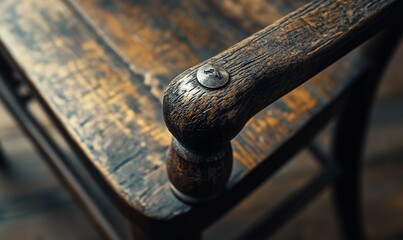 Close up of old wooden chair armrest