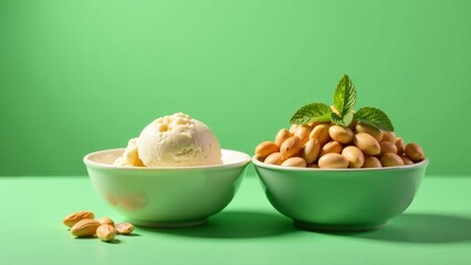 Creamy frozen dessert and roasted nuts in bowls on a vibrant green backdrop