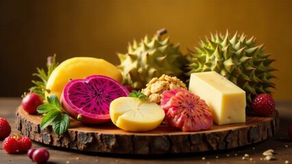 Vibrant tropical fruits and cheese arrangement on rustic wooden board