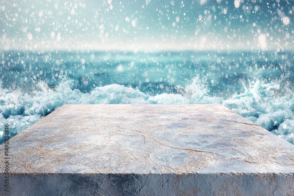 Poster concrete platform displaying ocean waves and falling snow in a winter scene with a product placement